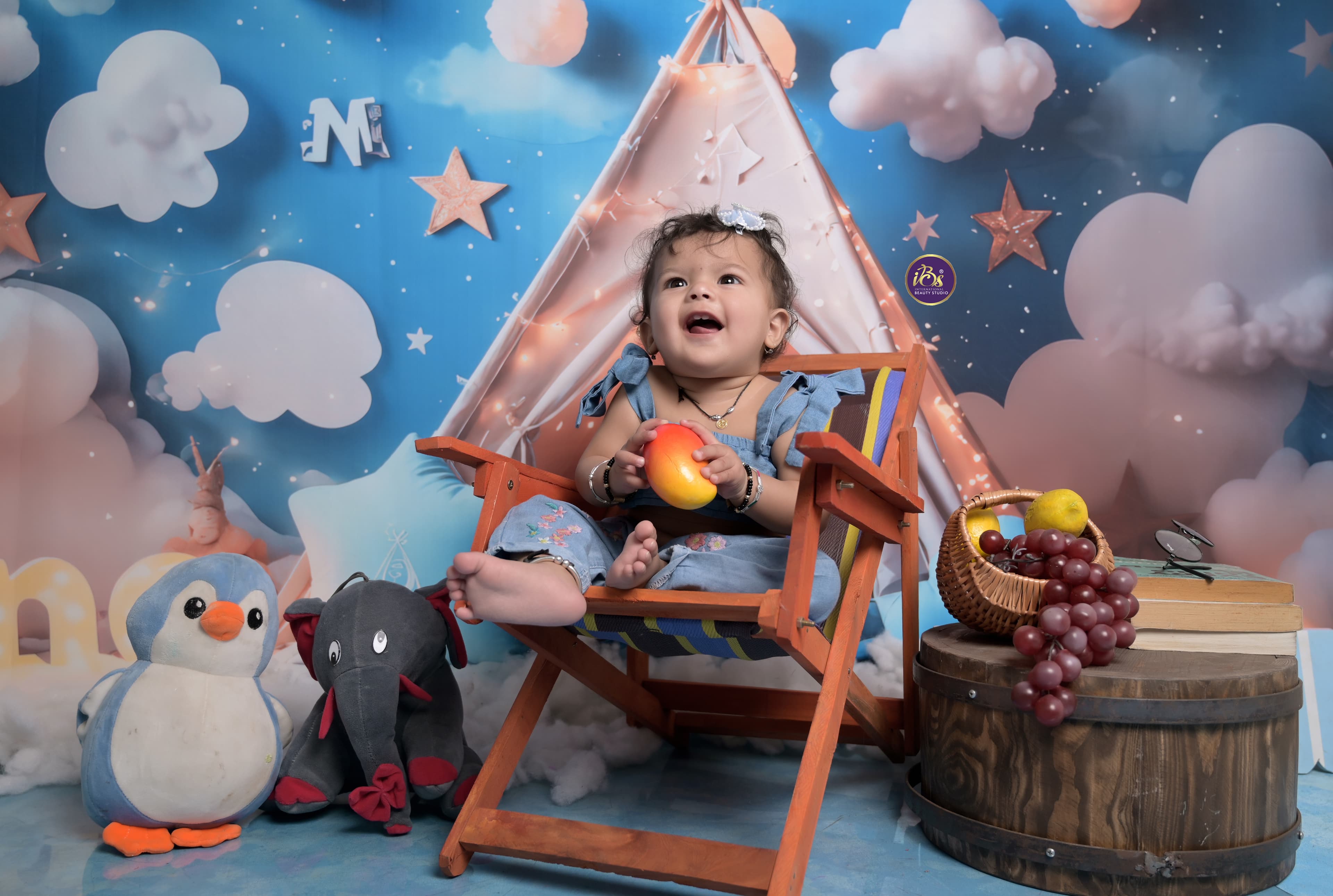 Baby portrait with premium birthday decor at IBS Baby Photoshoot studio in Karvenagar, Pune