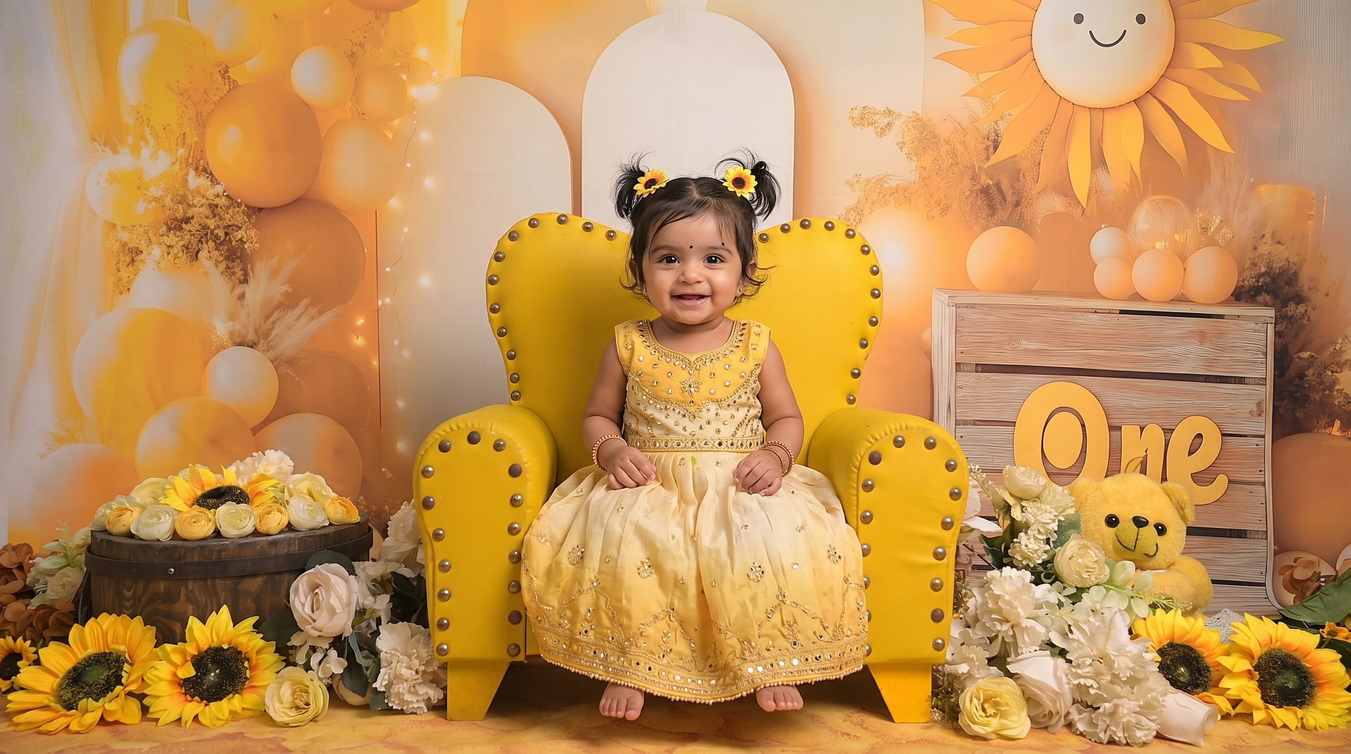 Baby milestone portrait with colorful theme styling at IBS Baby Photoshoot studio in Karvenagar, Pune